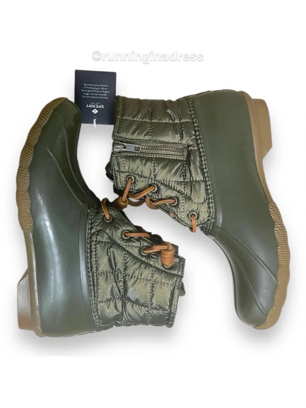 NWT Sperry Saltwater All-Weather Rain Boots Dark Olive Quilted - 8.5